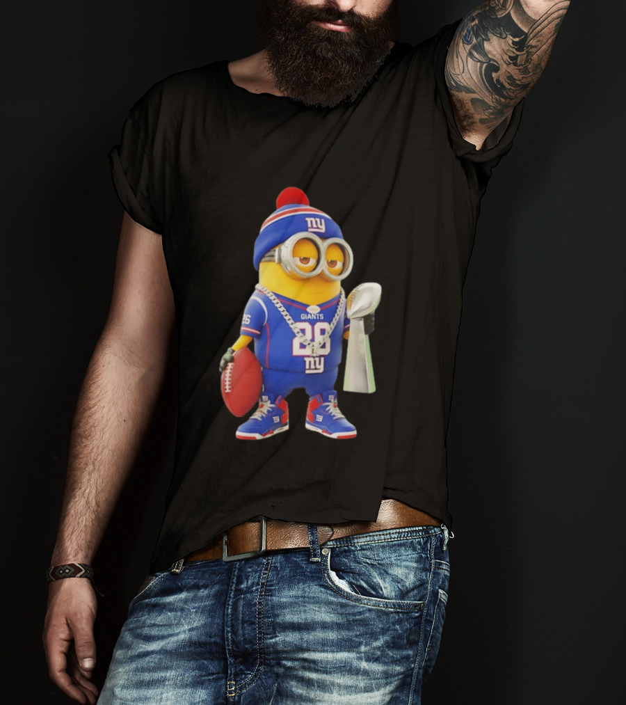 Minion In New York Giants Jersey With Football Trophy And Beanie T-Shirt