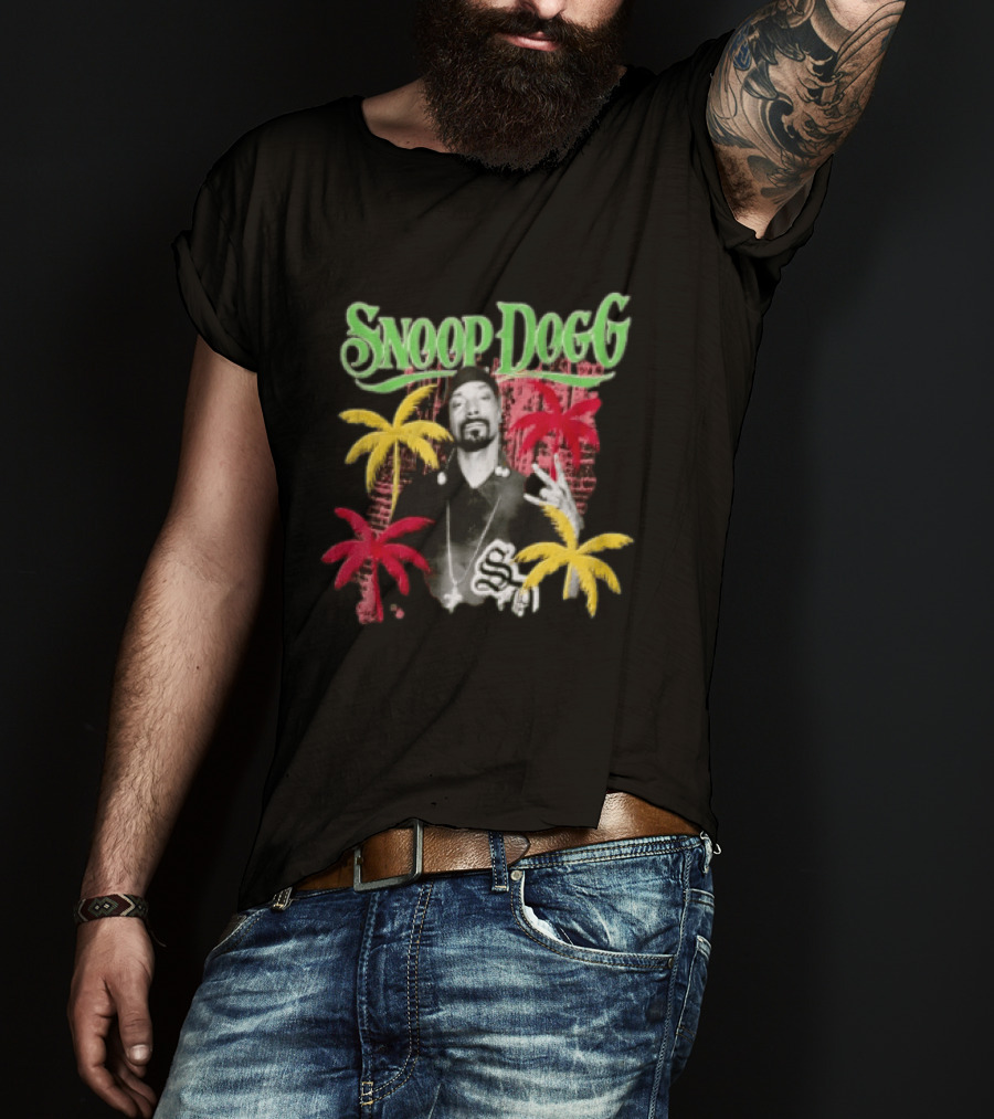 Snoop Dogg Palm Trees Gesture Black And White Portrait With Red And Yellow Palm Trees T-Shirt