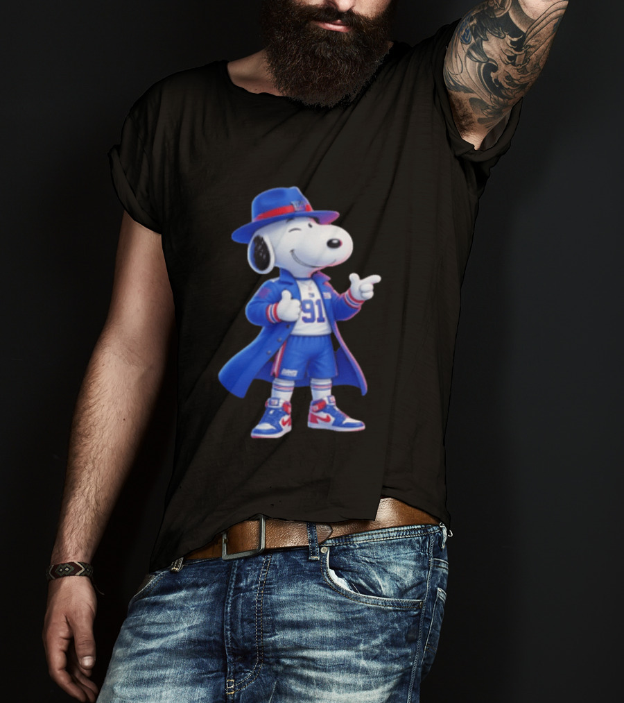 Snoopy New York Giants Football Player Cartoon Blue Coat And Hat T-Shirt