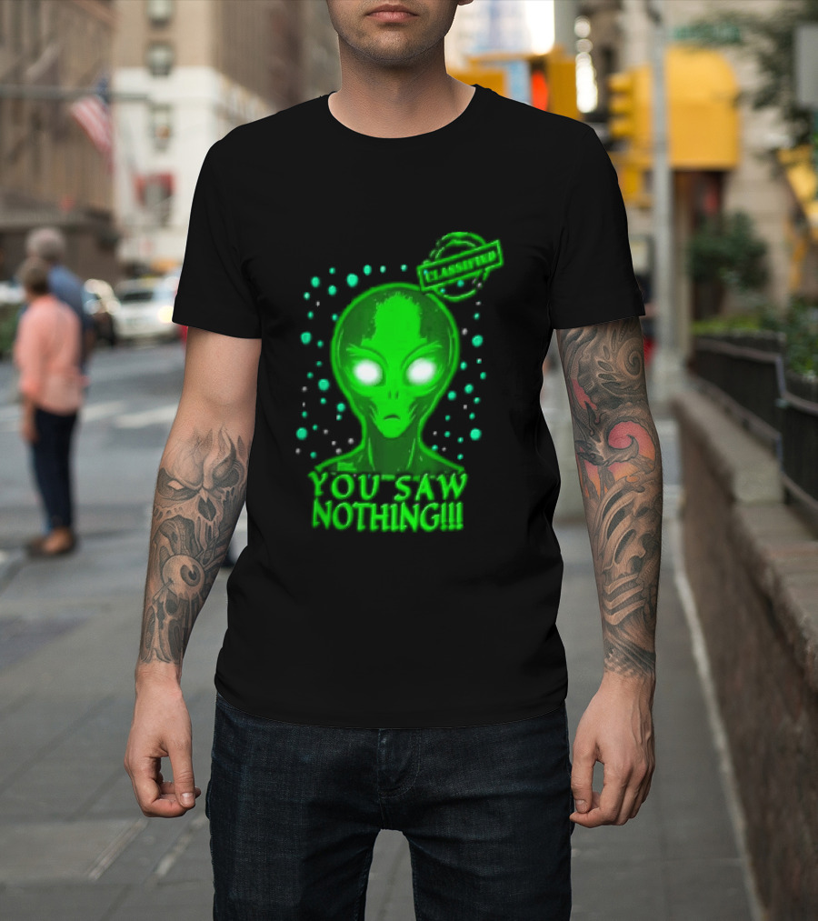 Green Alien You Saw Nothing Glowing Eyes UFO Dots T-Shirt