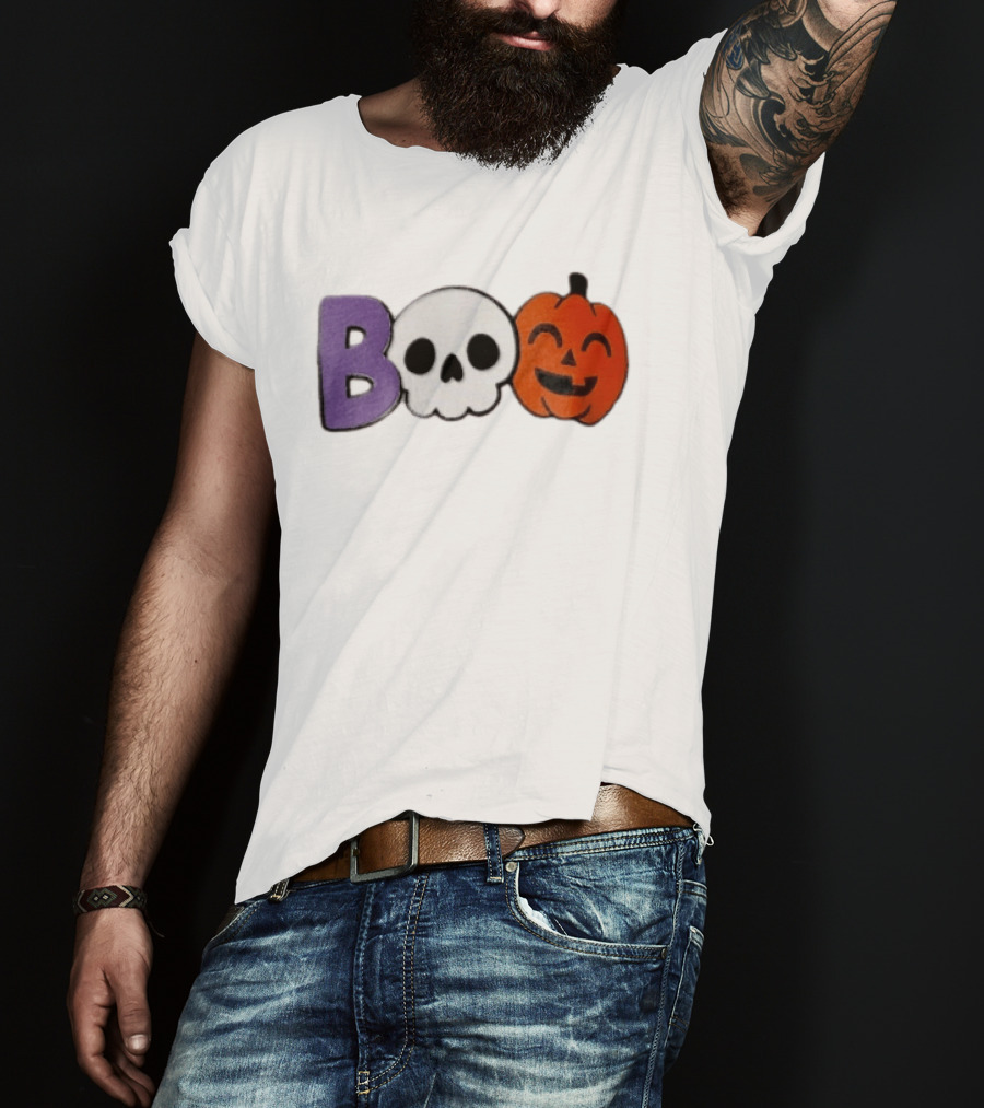 BOO Skull Pumpkin Purple Letter Halloween Fun T-Shirt
