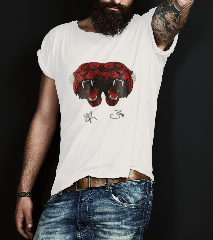 Tigers Heads Roaring Red Dual Fierce Animal T-Shirt