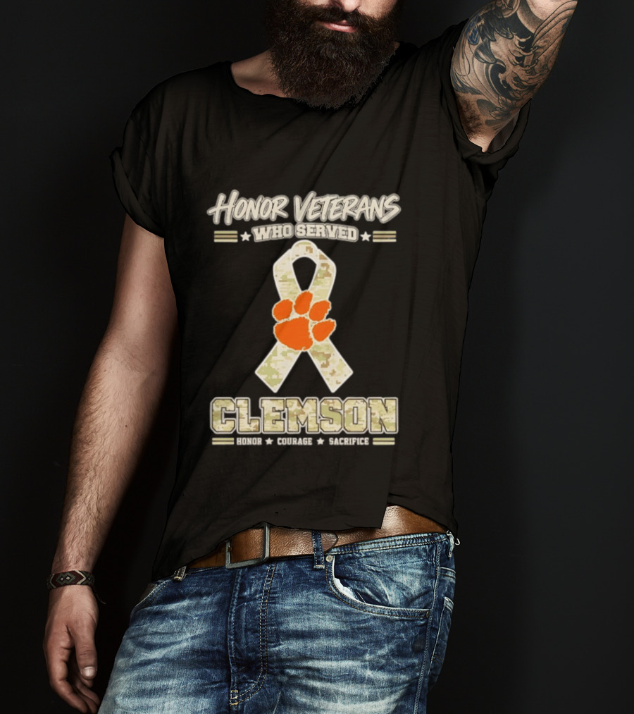 Honor Veterans Who Served Clemson Tigers Honor Courage Sacrifice Camouflage Ribbon T-Shirt