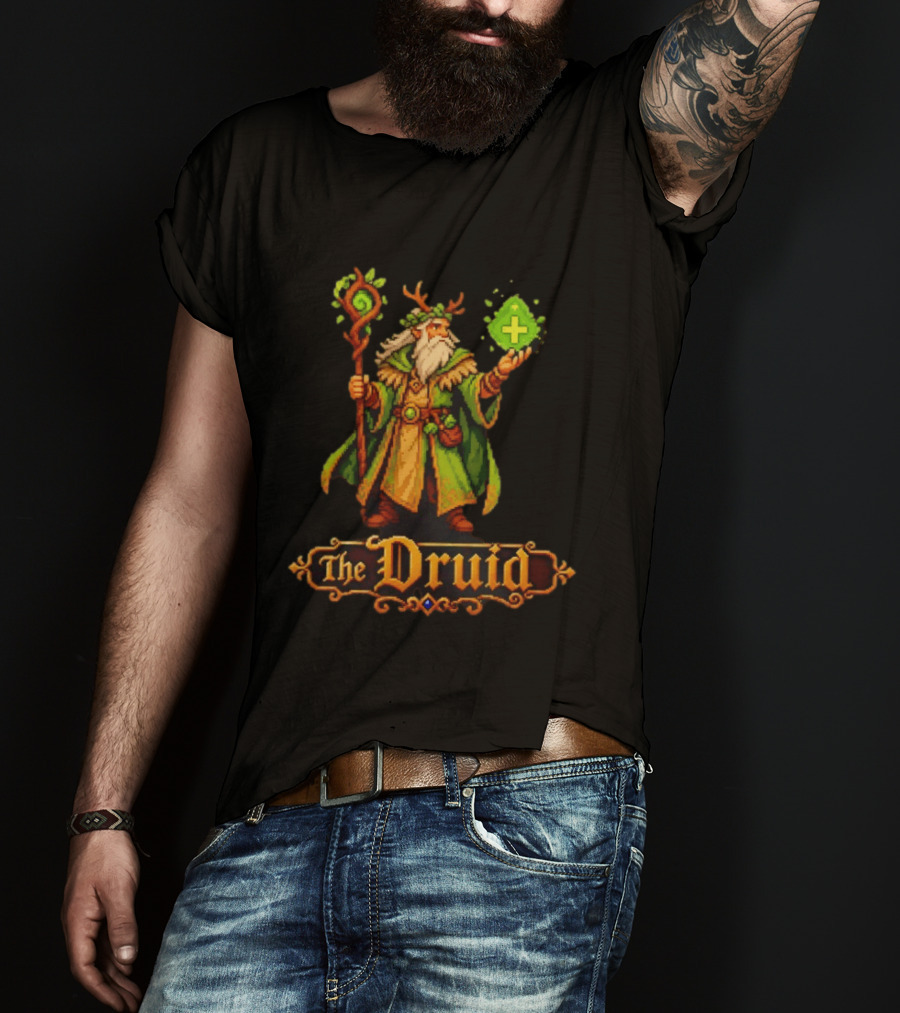 The Druid 16 Bit Game Cartoon Pixel Art Mage With Staff And Potion T-Shirt