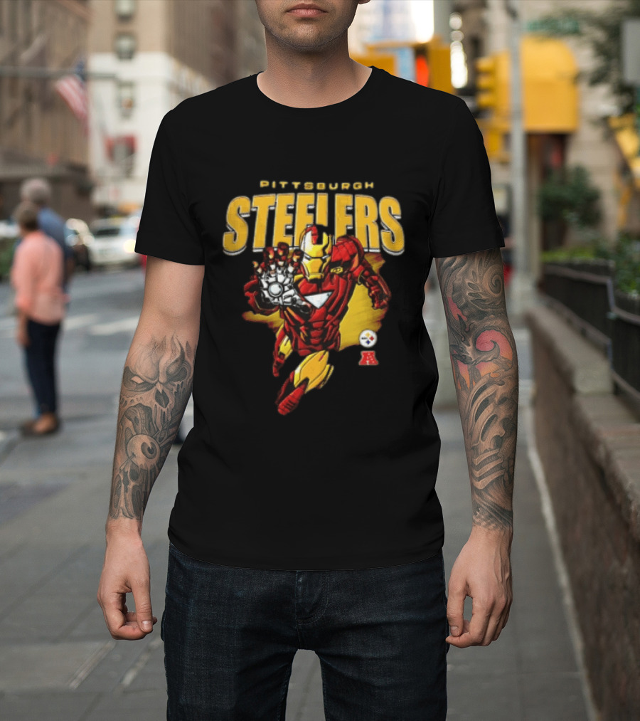 Pittsburgh Steelers Iron Man Flying Forward Graphic Suit Officially Licensed NFL Marvel Collaboration T-Shirt