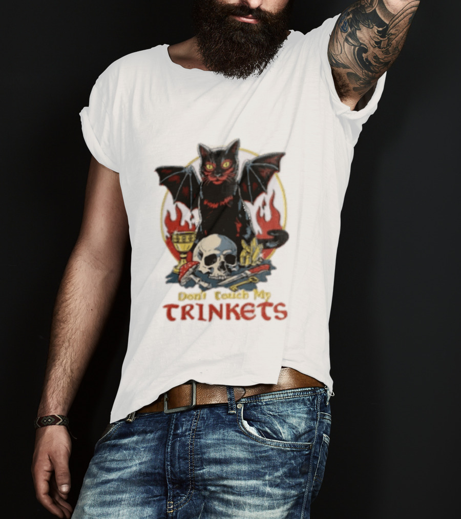 Steven Rhodes Cat Skull Chalice Flames Don't Touch My Trinkets T-Shirt