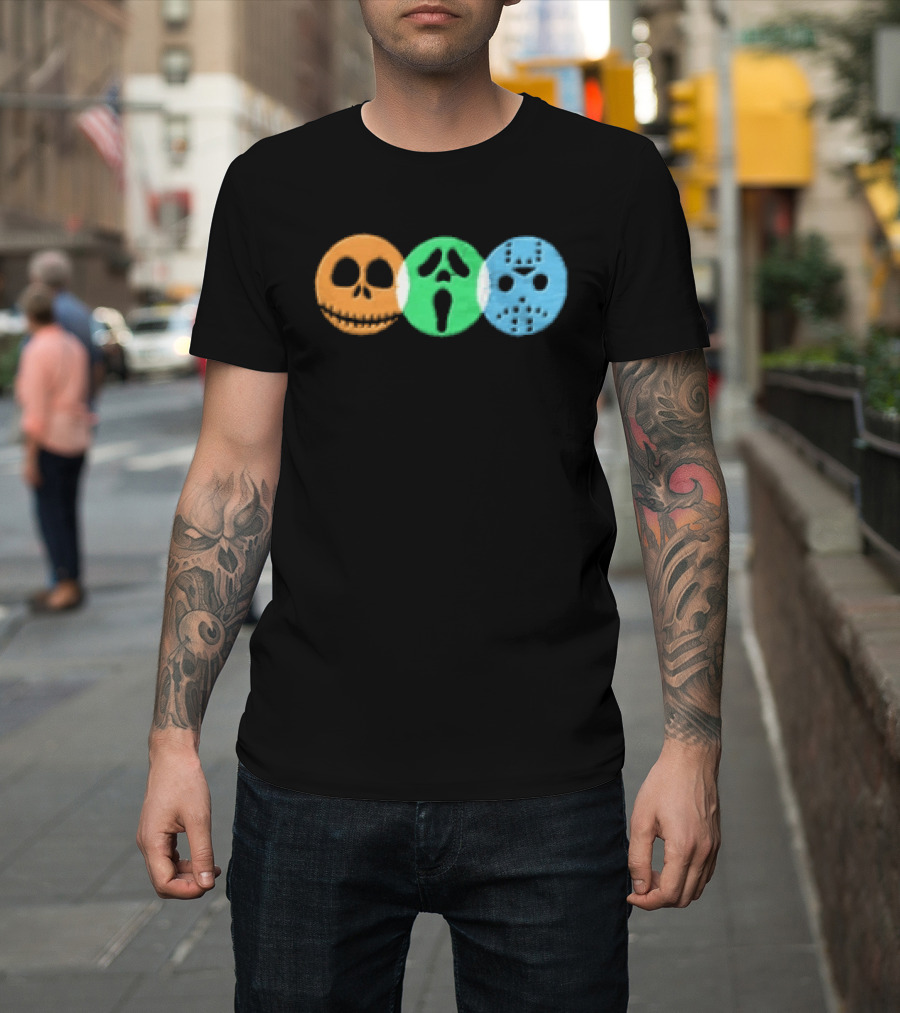 Halloween Horror Characters Colorful Circles Skulls And Masks T-Shirt