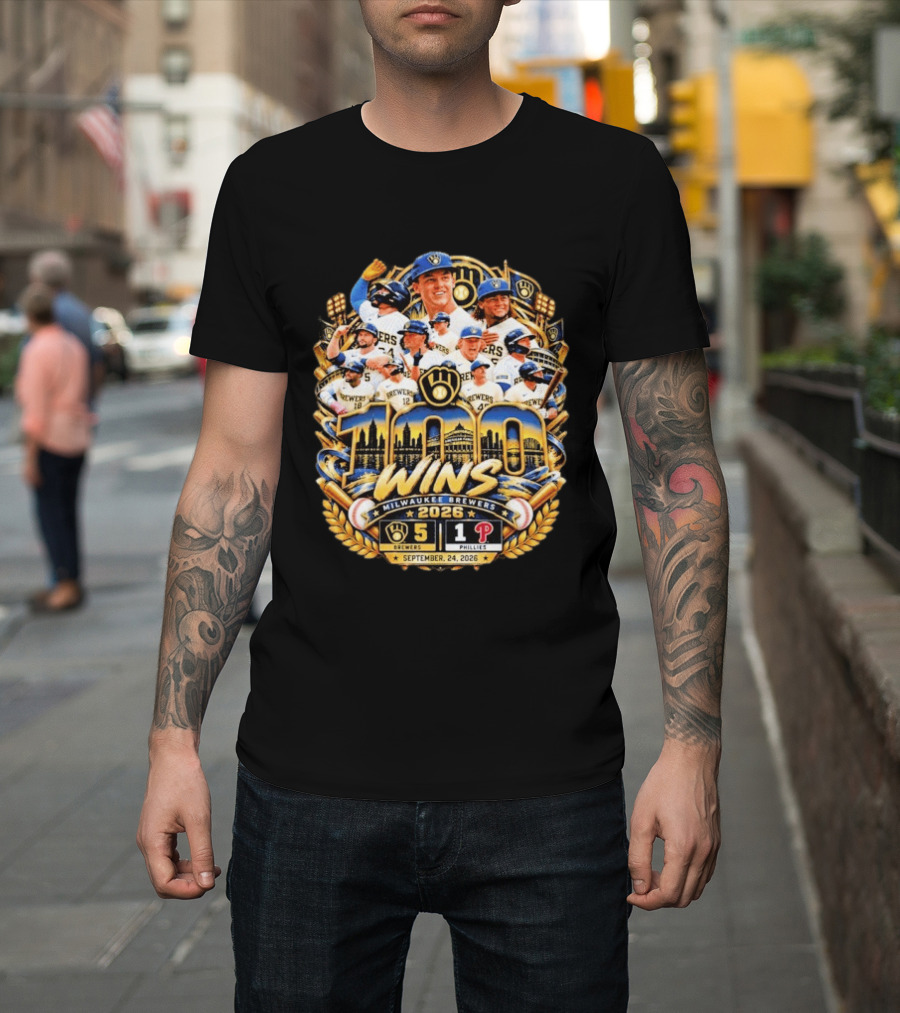 Milwaukee Brewers 100 Wins Celebration Vs Philadelphia Phillies September 24 2026 T-Shirt