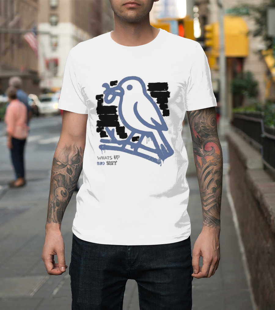 Drewtube What Up Bird Shit Funny Sparrow Holding Curling Shovel T-Shirt