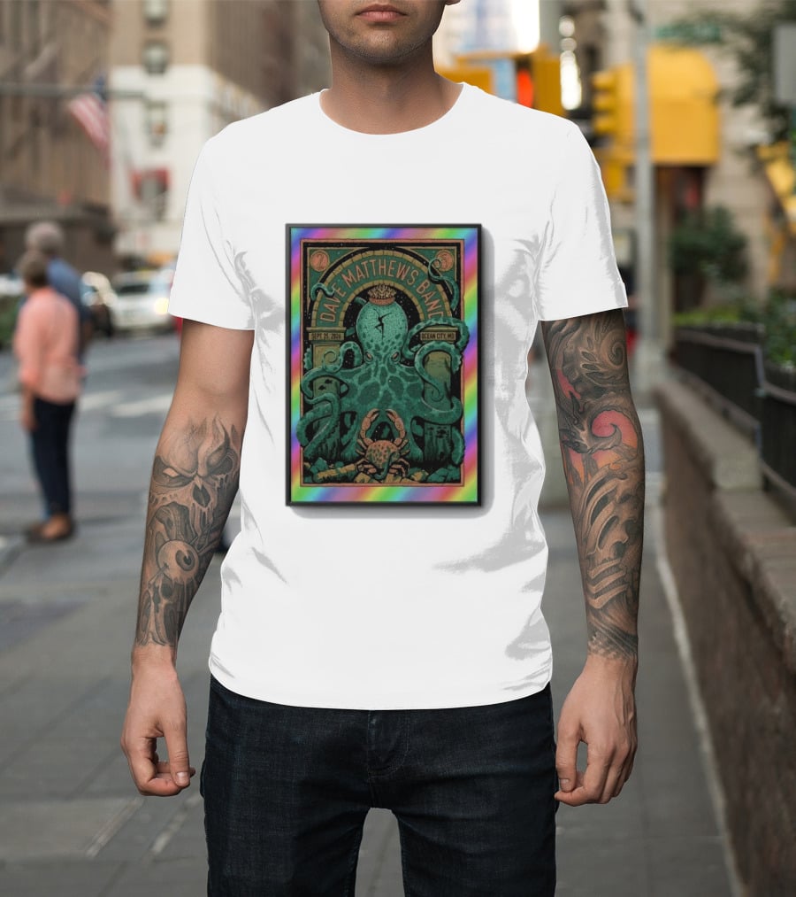 Dave Matthews Band Sept 25 2026 Ocean City MD Octopus And Crab Rainbow Border T-Shirt