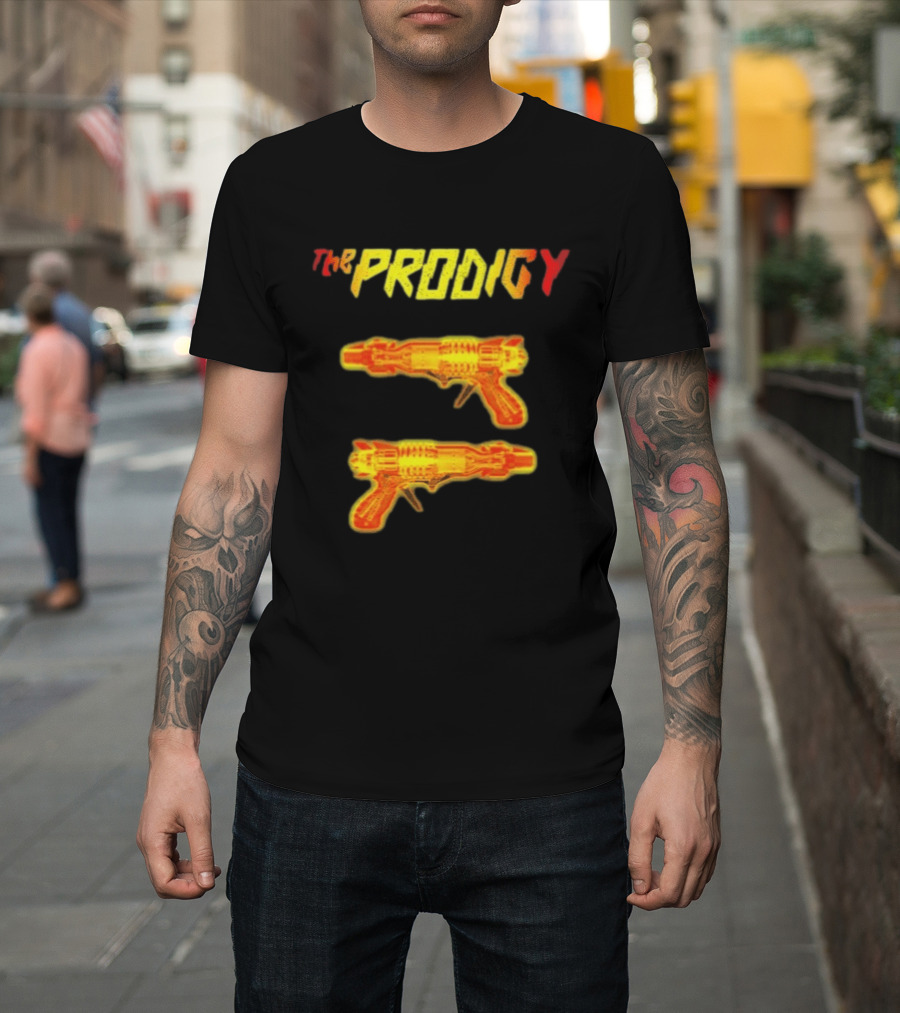 The Prodigy Rayguns Yellow And Red Bold Lettering With Dual Ray Guns T-Shirt