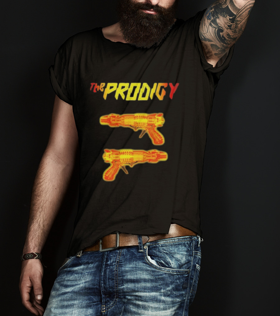 The Prodigy Rayguns Yellow And Red Bold Lettering With Dual Ray Guns T-Shirt