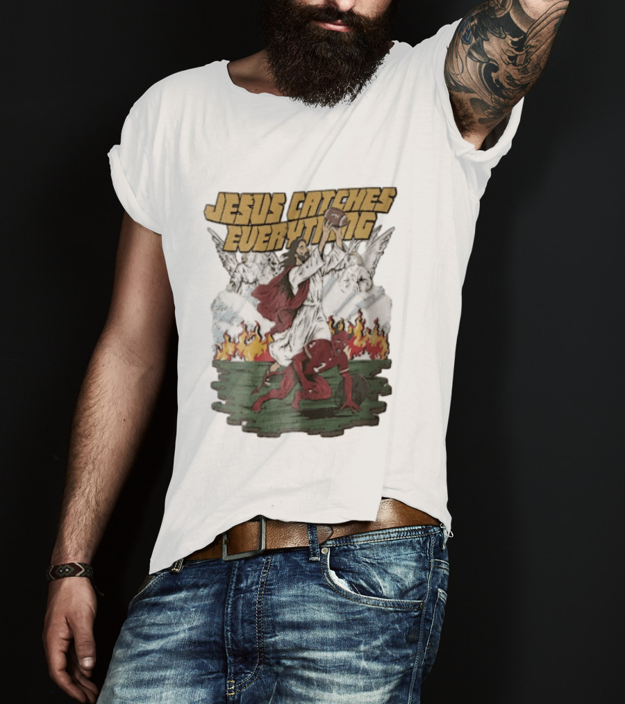 Jesus Catches Everything Angel Vs Devil Football Battle T-Shirt