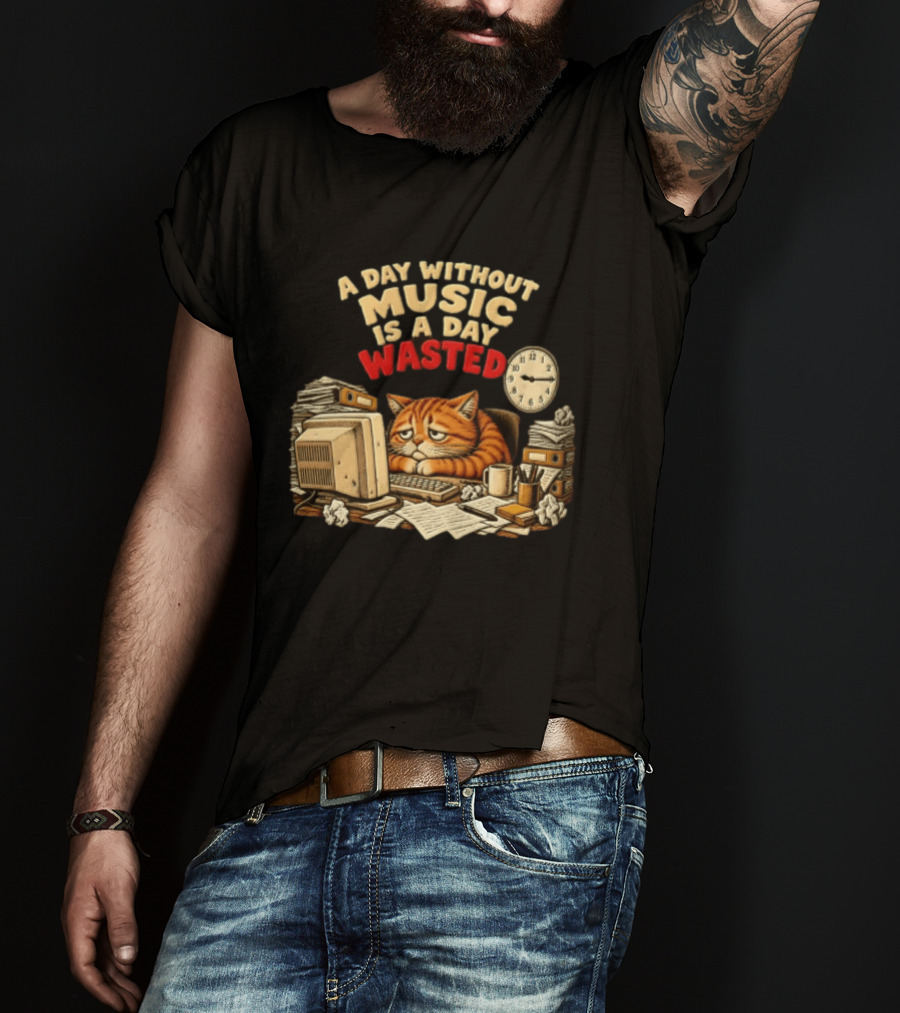 A Day Without Music Is A Day Wasted Sad Orange Cat Office Desk Motivation T-Shirt