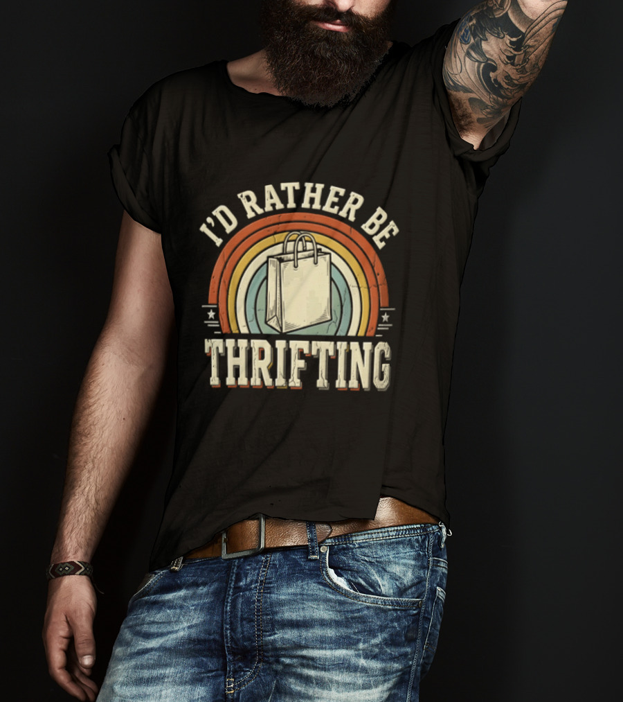 I'd Rather Be Thrifting Shopping Bag Retro Rainbow Stars T-Shirt