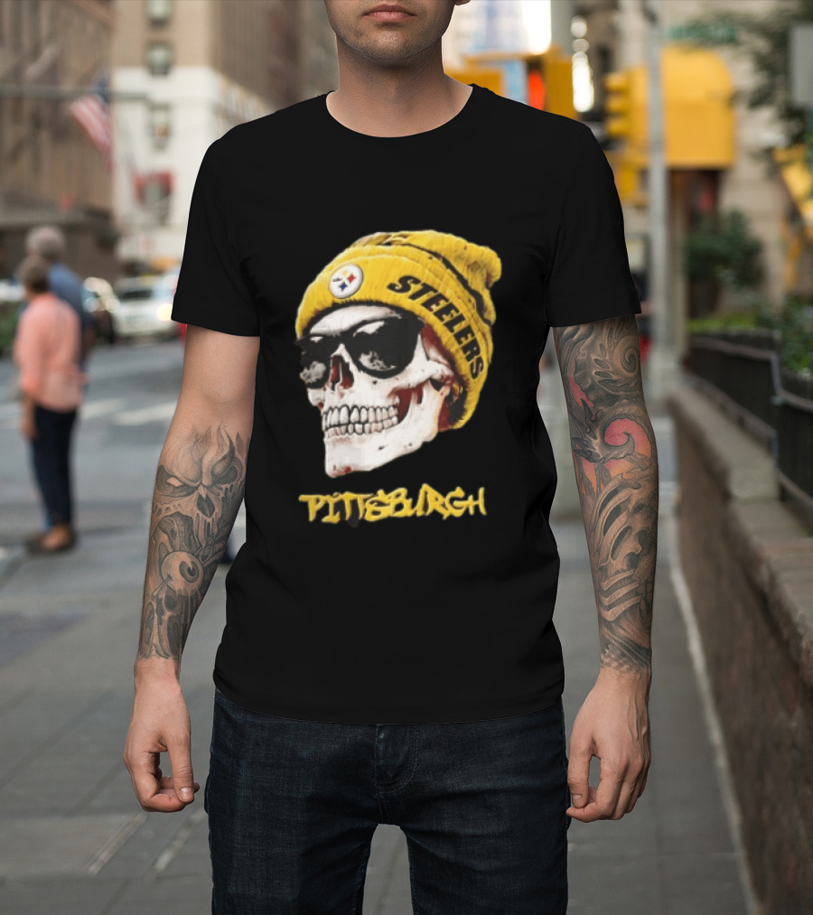 Pittsburgh Steelers Skull Yellow Beanie Sunglasses T-Shirt