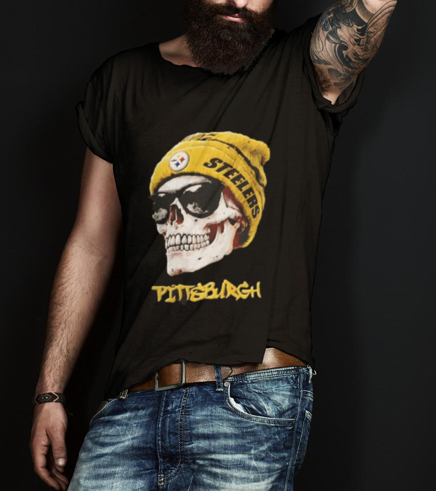 Pittsburgh Steelers Skull Yellow Beanie Sunglasses T-Shirt