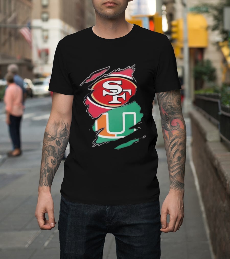 San Francisco 49ers SF And Miami Hurricanes U Distressed Logos T-Shirt