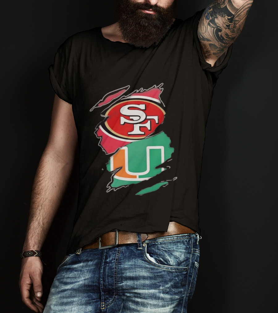 San Francisco 49ers SF And Miami Hurricanes U Distressed Logos T-Shirt
