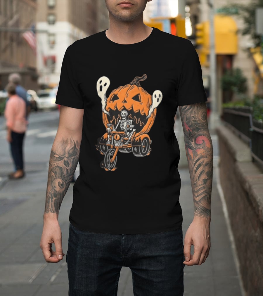 Skeleton Riding Tricycle Inside Giant Pumpkin With Ghosts Halloween T-Shirt