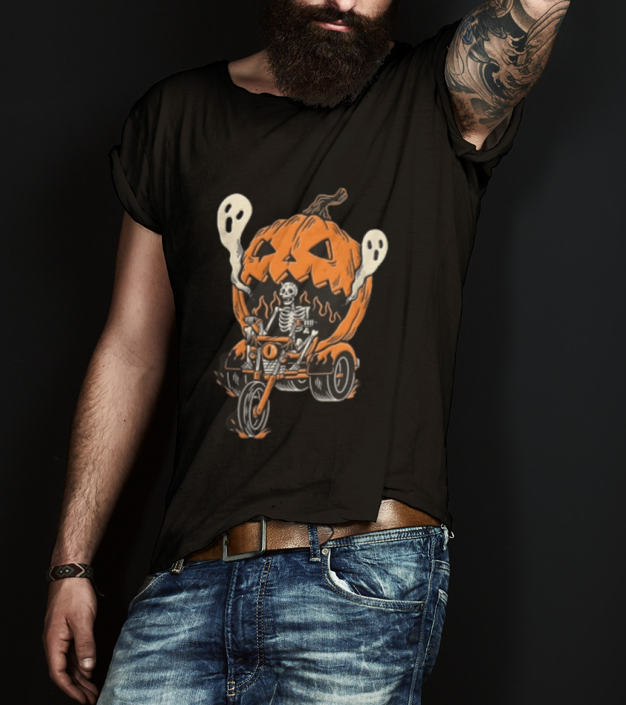Skeleton Riding Tricycle Inside Giant Pumpkin With Ghosts Halloween T-Shirt