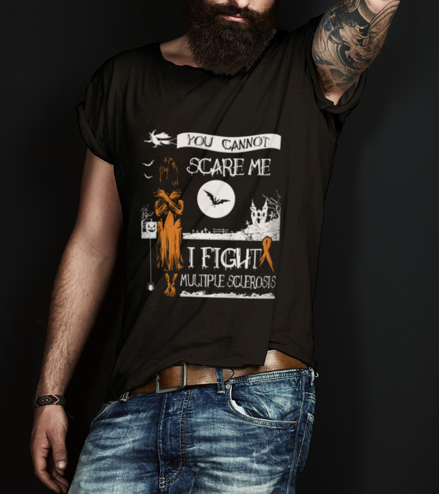 You Cannot Scare Me I Fight Multiple Sclerosis Halloween Witch Bats Moon Cemetery Ribbon T-Shirt