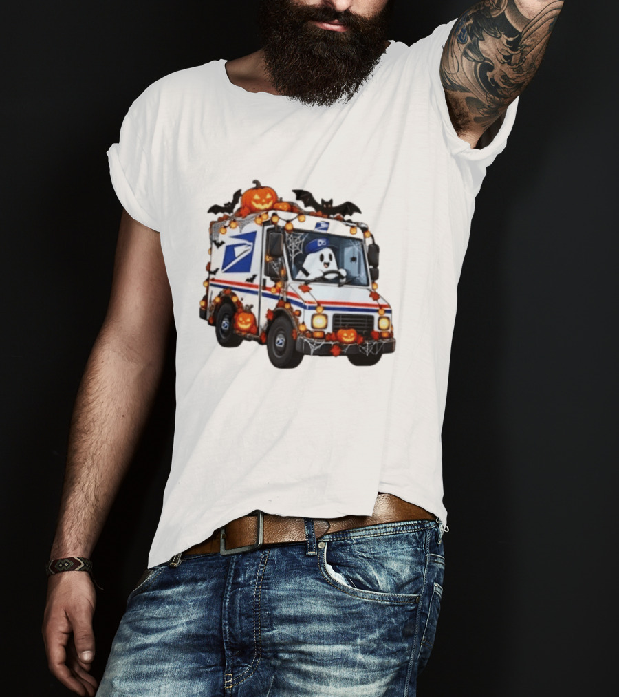 Halloween Ghost Driving USPS Mail Truck With Pumpkins And Bats T-Shirt