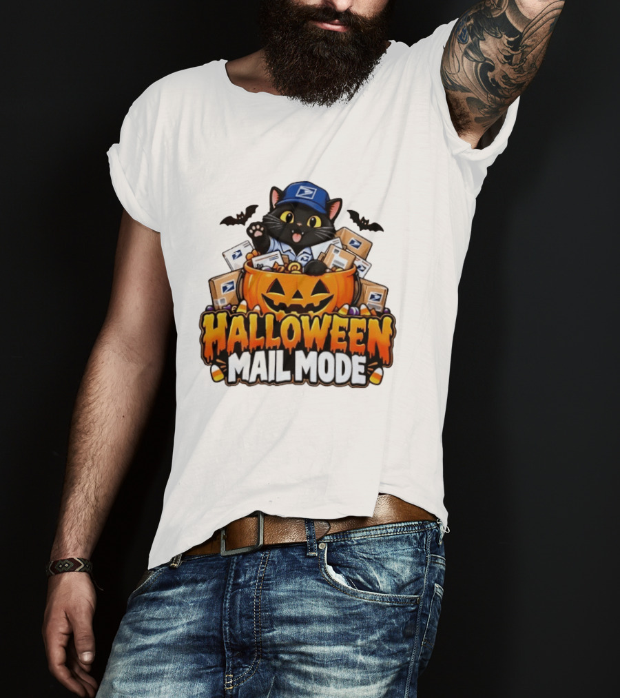 Halloween Mail Mode USPS Black Cat Pumpkin Postal Carrier T-Shirt