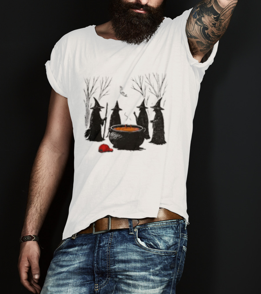 Witches Gathering Around Cauldron And Red Hat Halloween Scene T-Shirt
