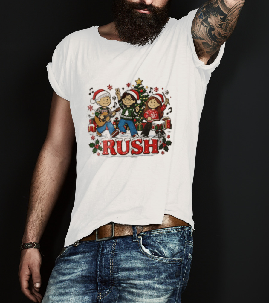 Rush Christmas Cartoon Characters Playing Instruments Festive Holiday Scene T-Shirt