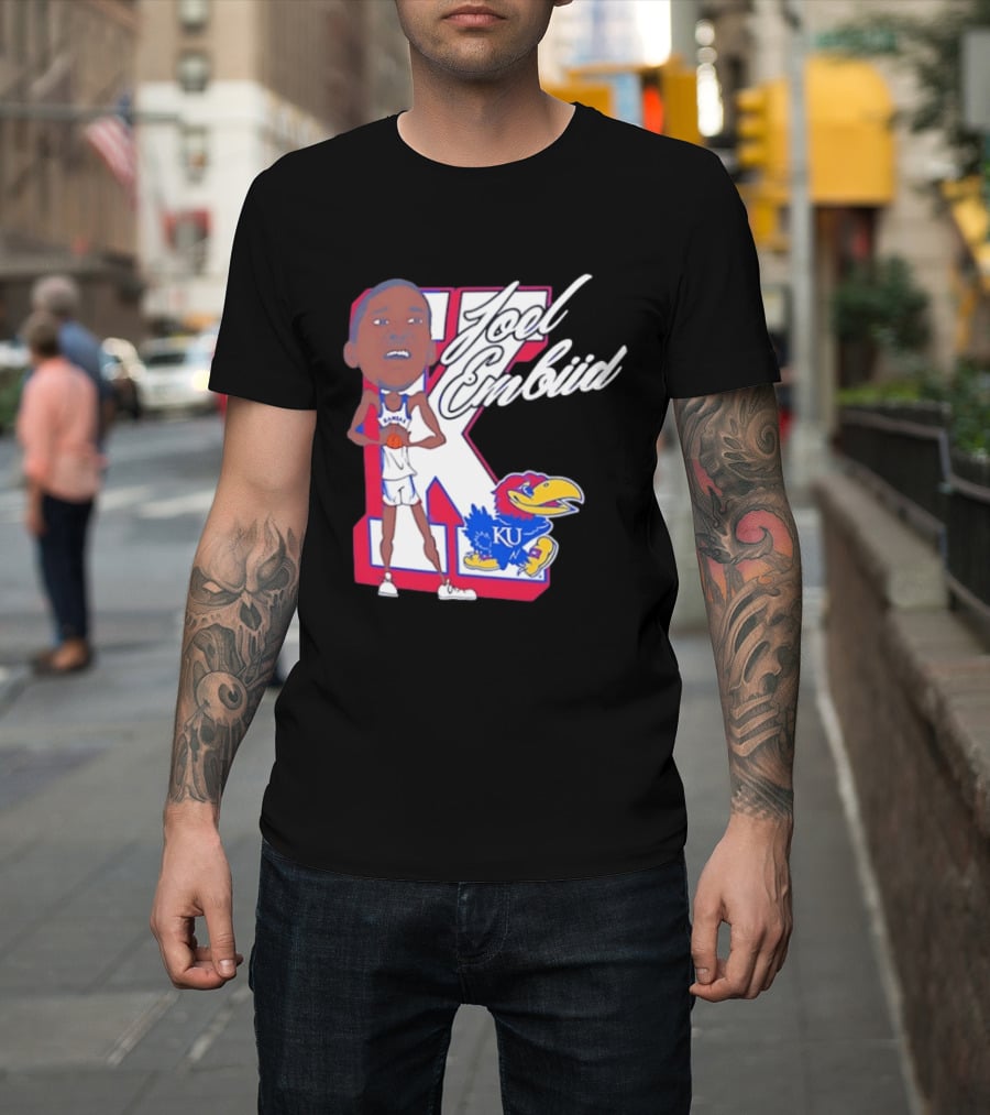 Joel Embiid Kansas Jayhawks KU Cartoon Bobblehead T-Shirt