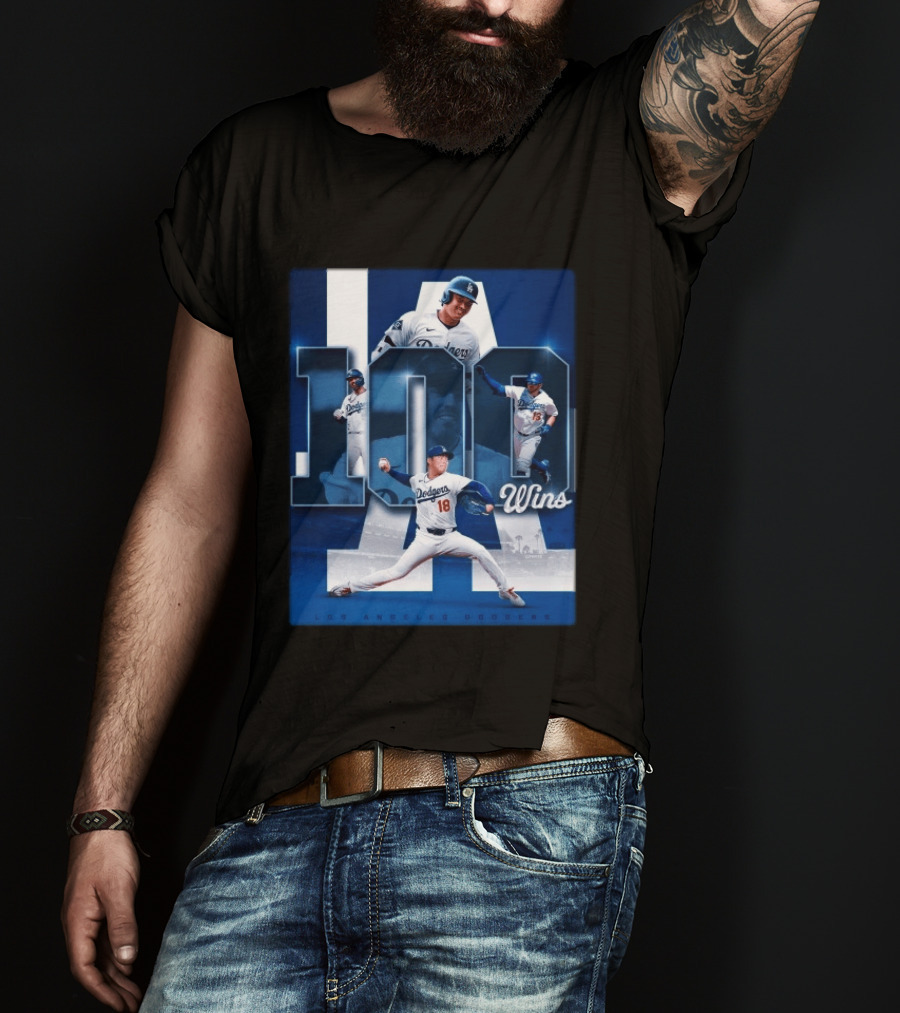 Original MLB Los Angeles Dodgers 100 Wins Player Celebration Victory T-Shirt