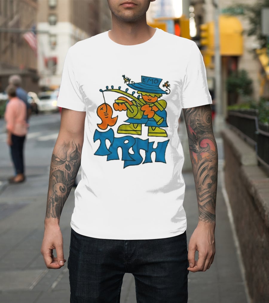 Emo Trsh Cartoon Fisherman Catching Orange Fish Wearing Blue And Green Outfit T-Shirt