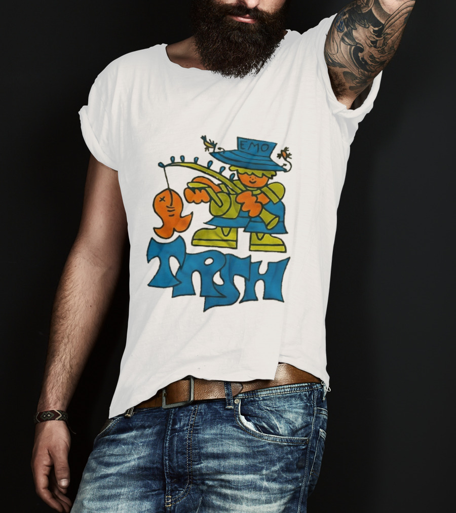 Emo Trsh Cartoon Fisherman Catching Orange Fish Wearing Blue And Green Outfit T-Shirt
