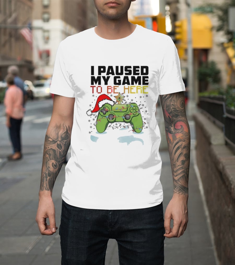 I Paused My Game To Be Here Christmas Gamer Controller Holiday Lights Santa Hat T-Shirt