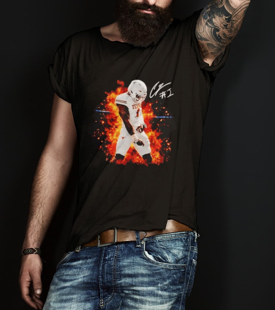 Colin Simmons Texas Longhorns Football Flames And Signature T-Shirt