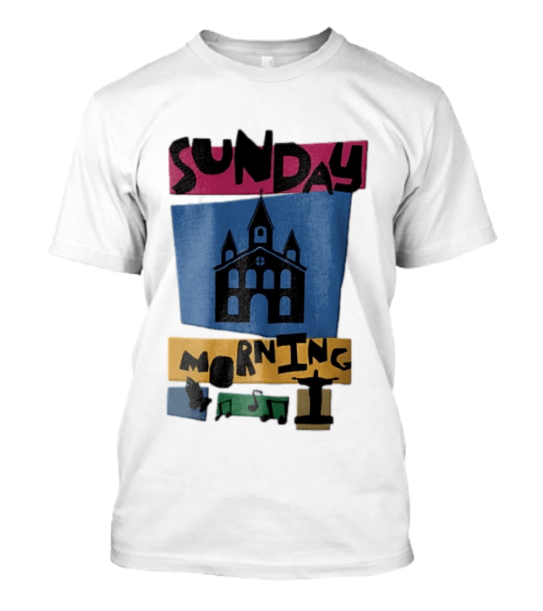 Sunday Morning Church Building Praying Hands Musical Notes Christ The Redeemer T-Shirt