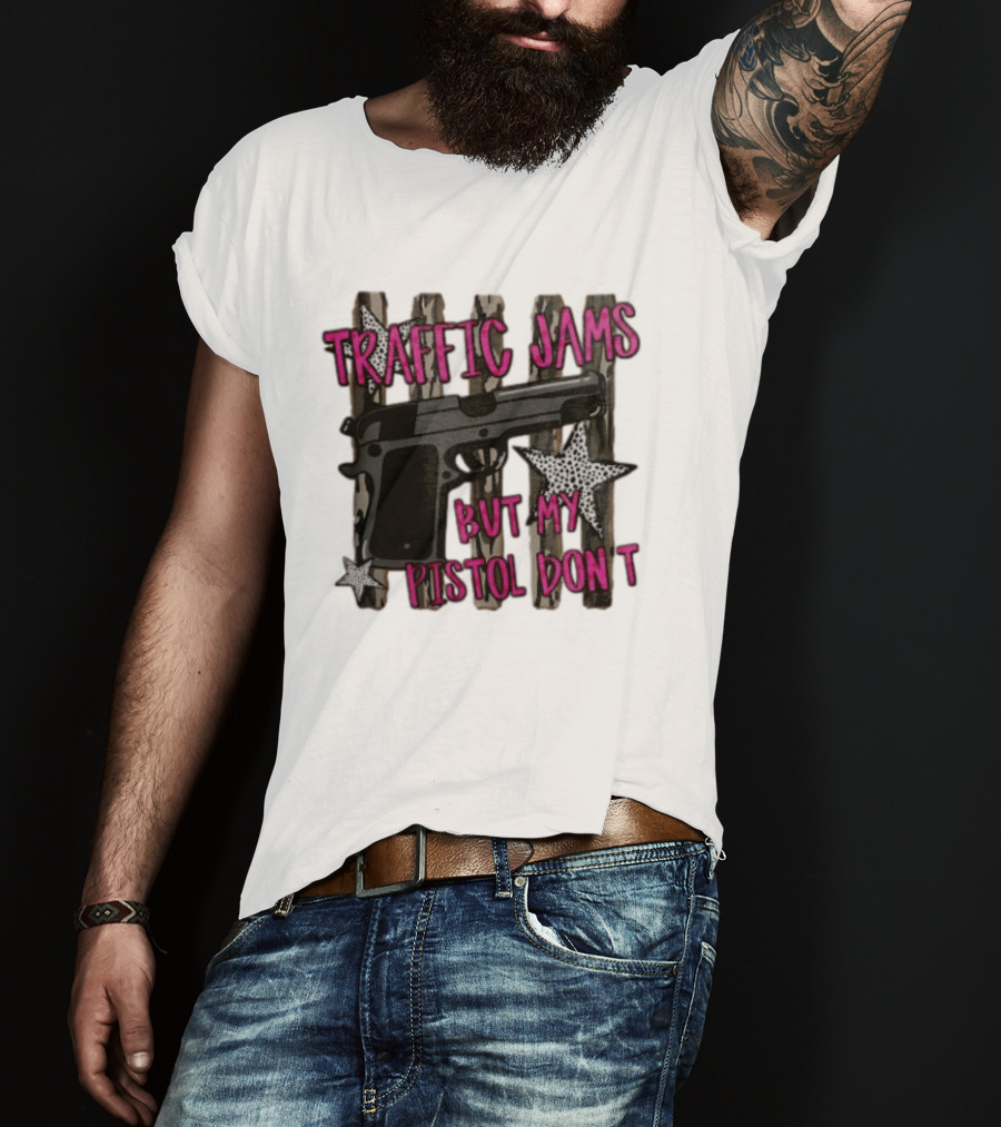 Traffic Jams But My Pistol Don't Handgun Over Stripes Leopard T-Shirt