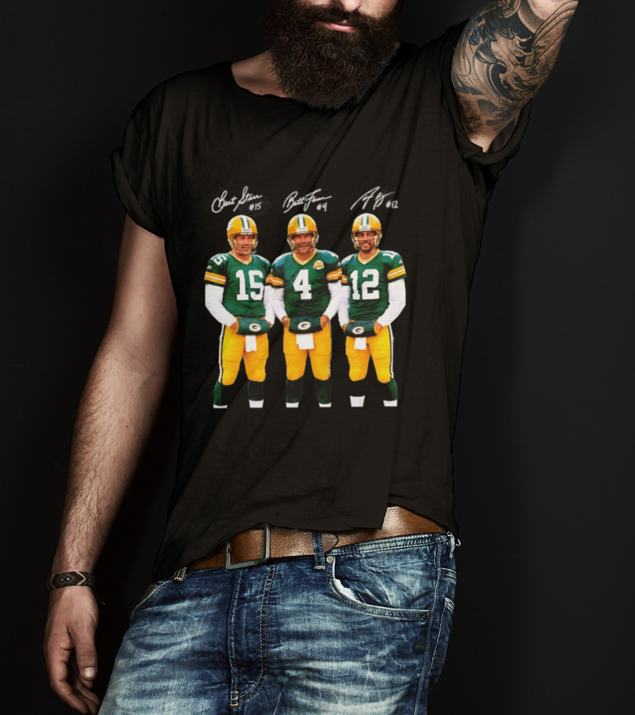 Bart Starr #15 Brett Favre #4 Aaron Rodgers #12 Green Bay Packers Signatures T-Shirt