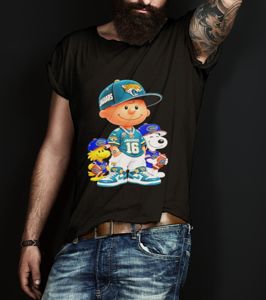 Charlie Brown With Snoopy And Woodstock Jacksonville Jaguars 16 Jersey Peanuts Football Fan Gear T-Shirt