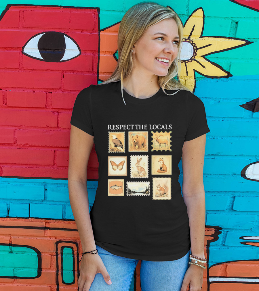 Respect The Locals Wildlife Stamp Collection With Bear Fox And Eagle T-Shirt