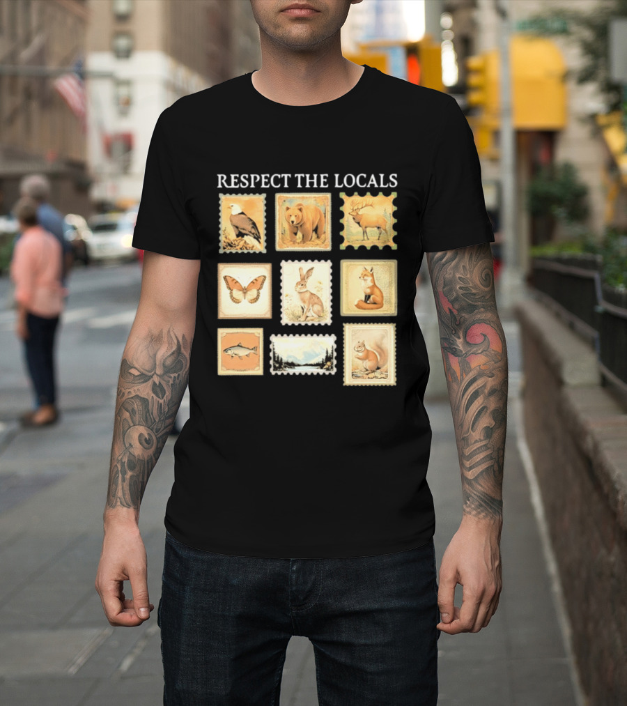 Respect The Locals Wildlife Stamp Collection With Bear Fox And Eagle T-Shirt
