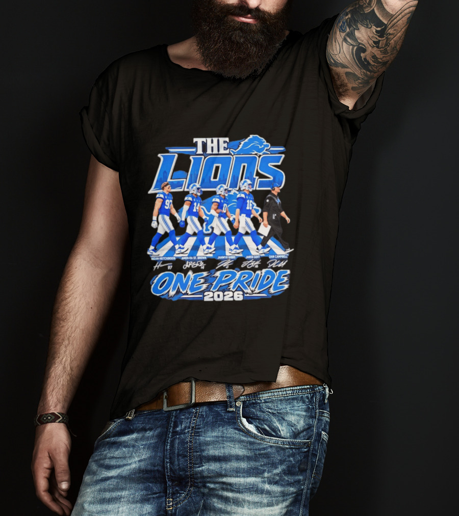 Detroit Lions The Lions One Pride Abbey Road 2026 Aidan Hutchinson Jahmyr Gibbs Jared Goff Dan Campbell T-Shirt
