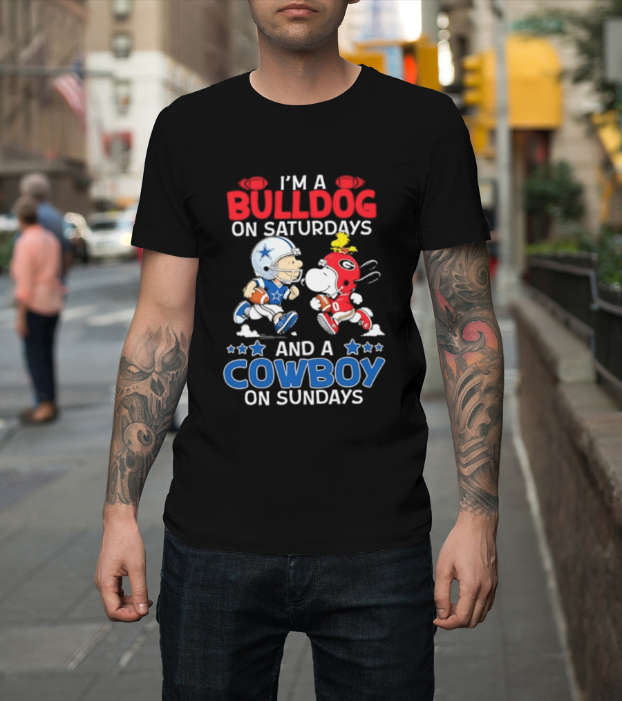 Snoopy And Charlie Brown Bulldog Saturdays Cowboy Sundays T-Shirt
