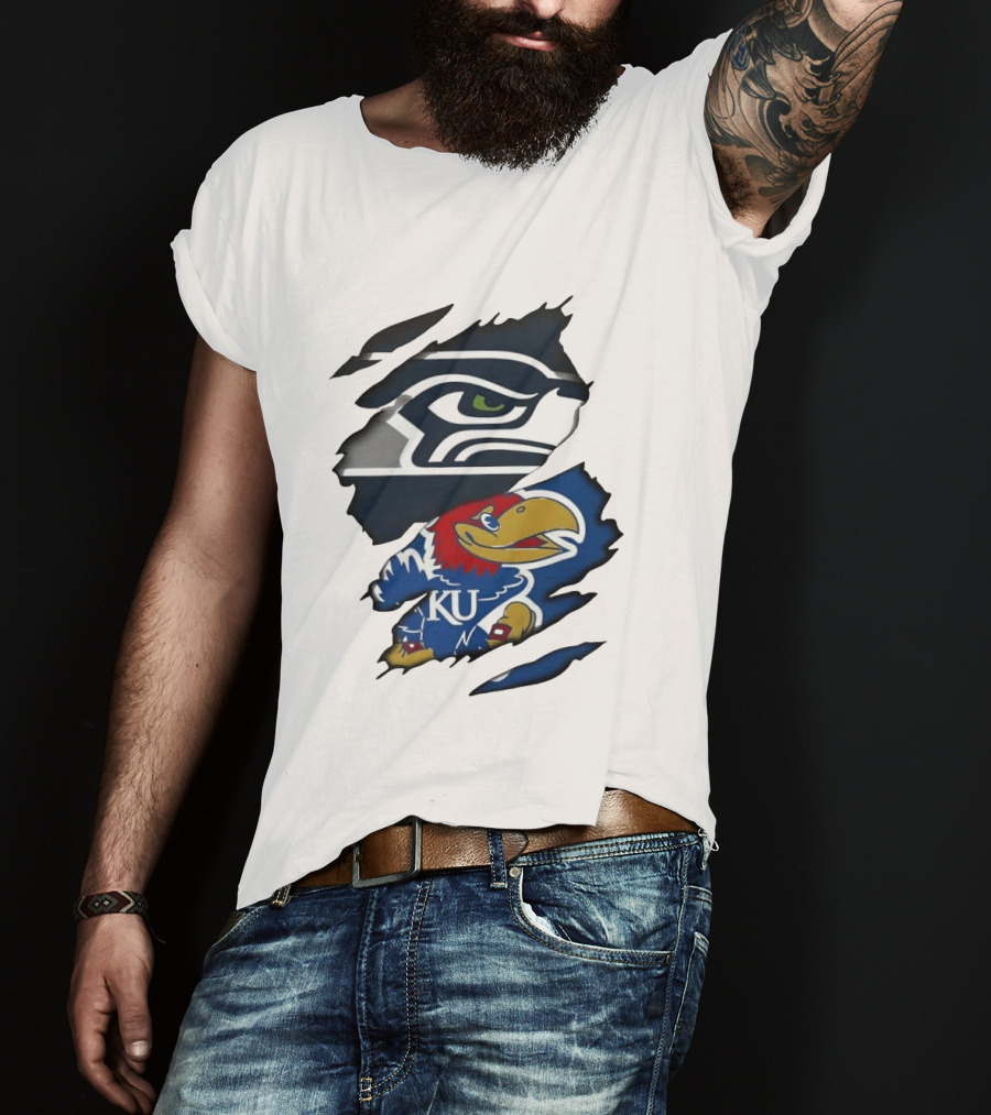 Seattle Seahawks And Kansas Jayhawks Torn Fabric Football And Basketball Fan Merchandise T-Shirt