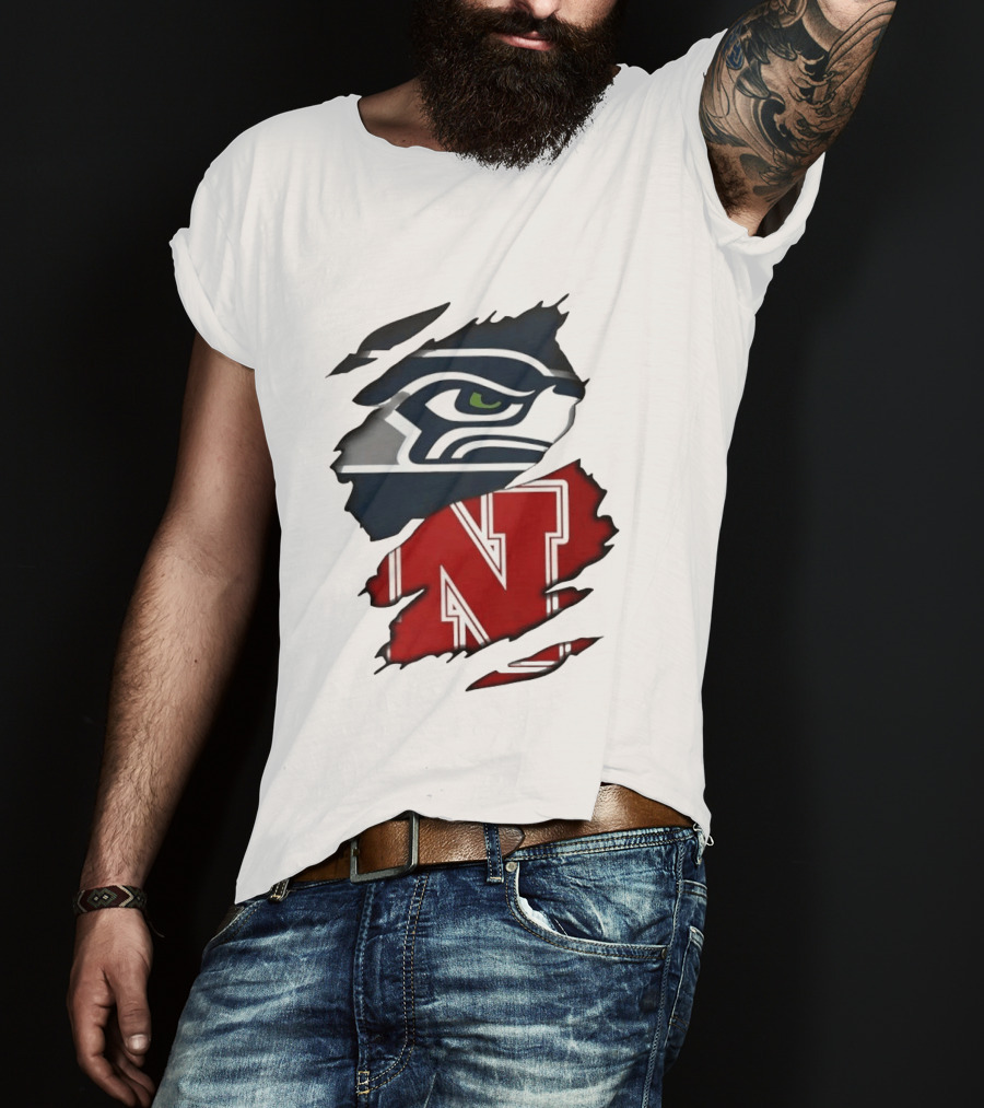 Seattle Seahawks And Nebraska Cornhuskers Split Torn Fabric Blend T-Shirt