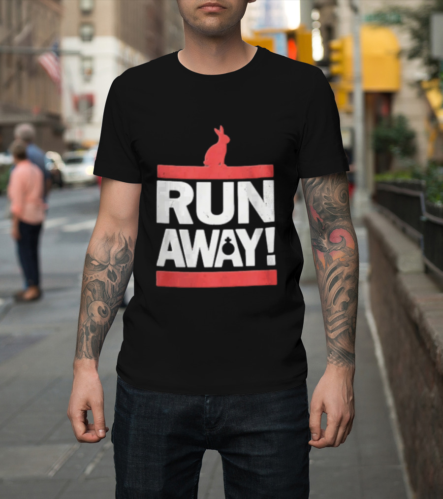 RUN AWAY Rabbit Bold Text And Red Accents T-Shirt