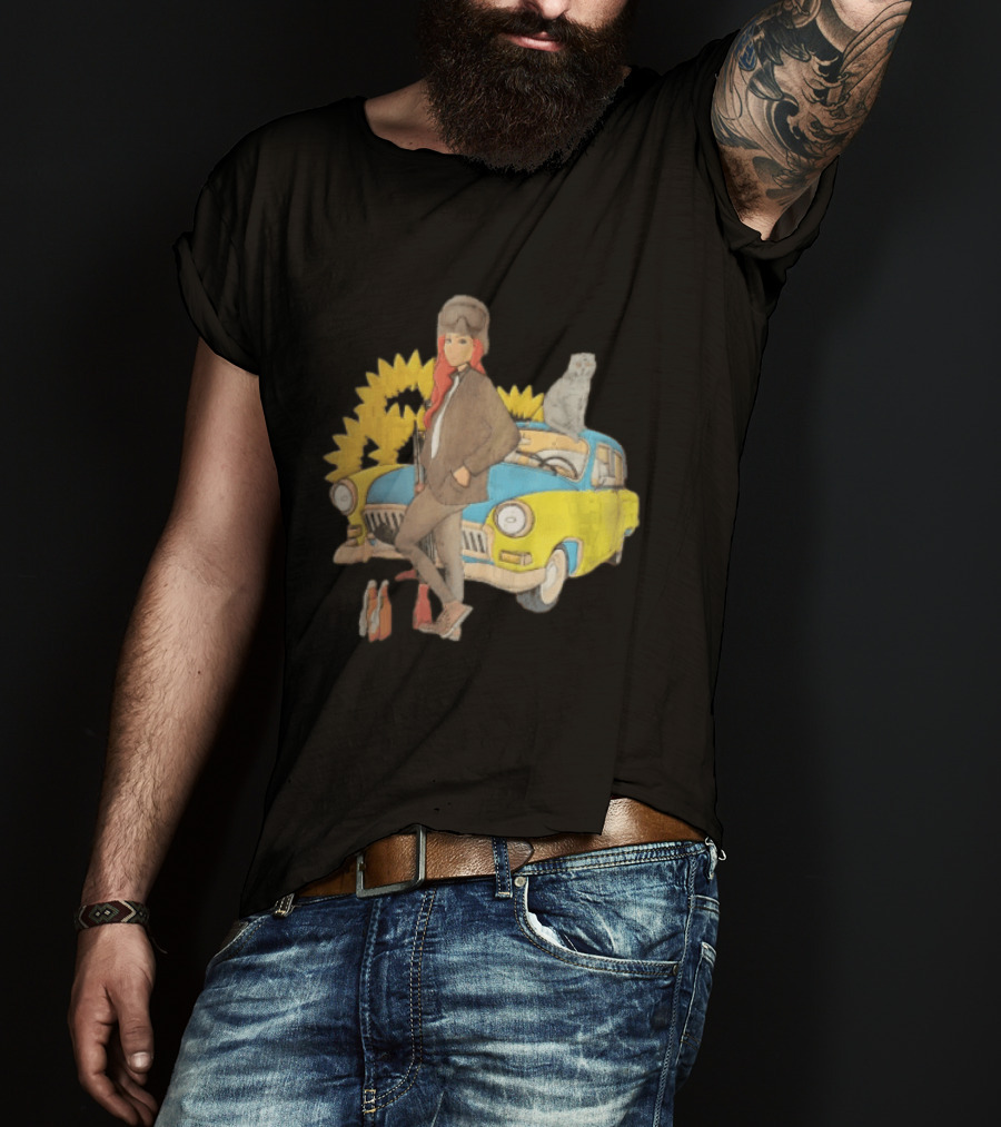 Woman Soldier With Cat On Vintage Car And Sunflowers T-Shirt