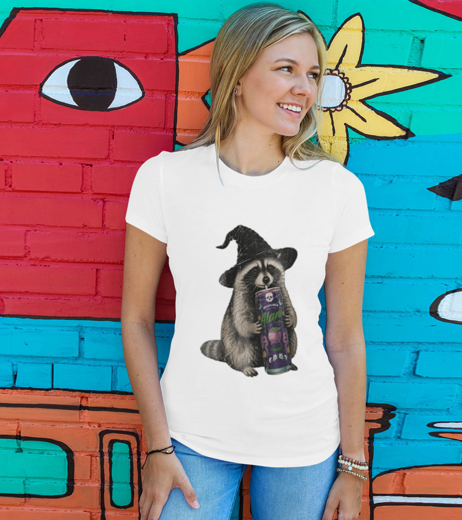 Alani Witches Brew Raccoon Witch Hat Can Holding T-Shirt