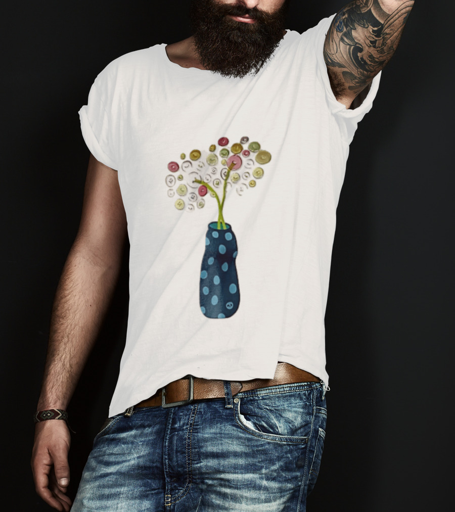 Polka Dot Vase With Colorful Button Flowers T-Shirt